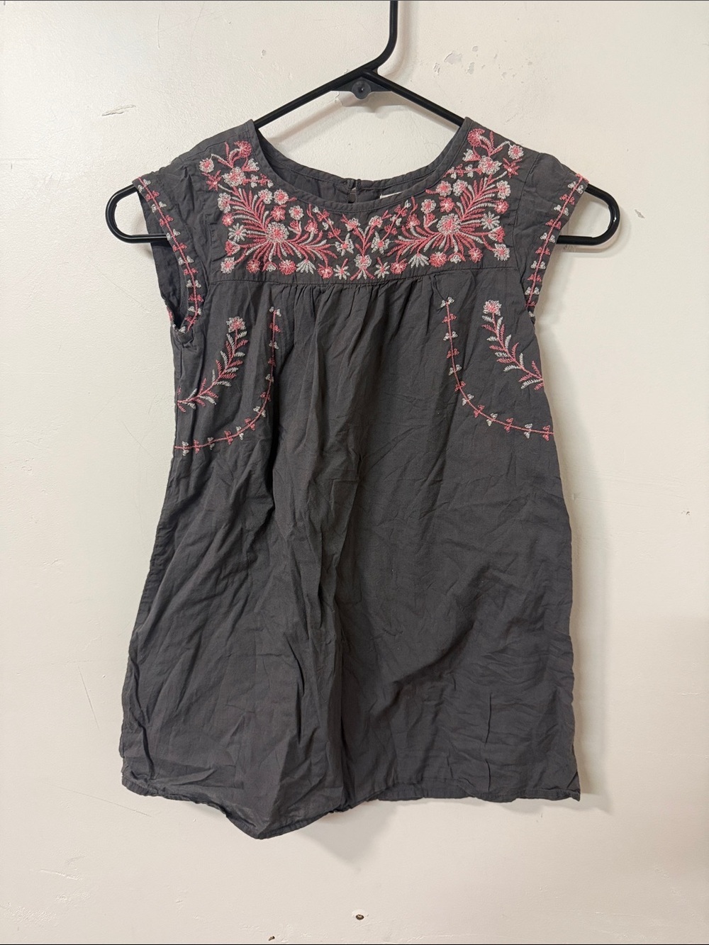 GAP Girls Charcoal Gray Dress with Pink Floral Embroidery